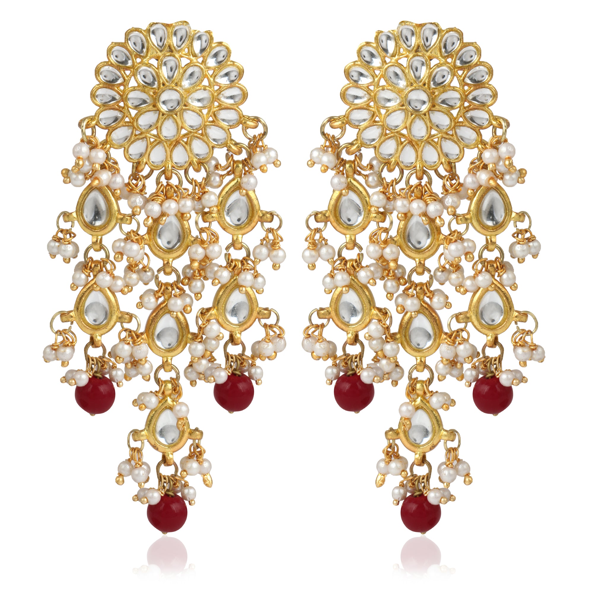 Gold Plated Red Beads Kundan Dangler Earrings with Maangtikka - view 6