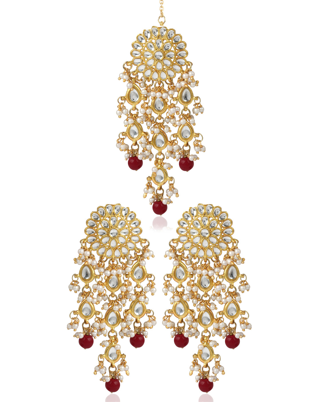 Gold Plated Red Beads Kundan Dangler Earrings with Maangtikka