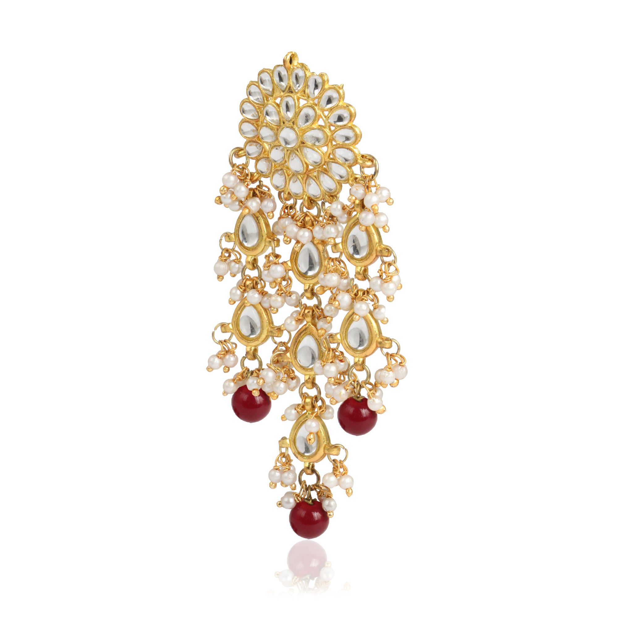 Gold Plated Red Beads Kundan Dangler Earrings with Maangtikka - view 5