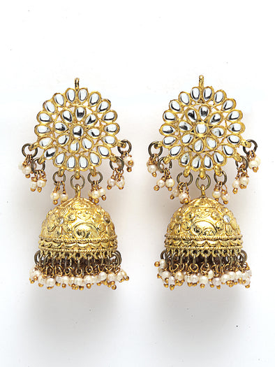 Gold Plated Tassel Beads Kundan Jhumki Earrings