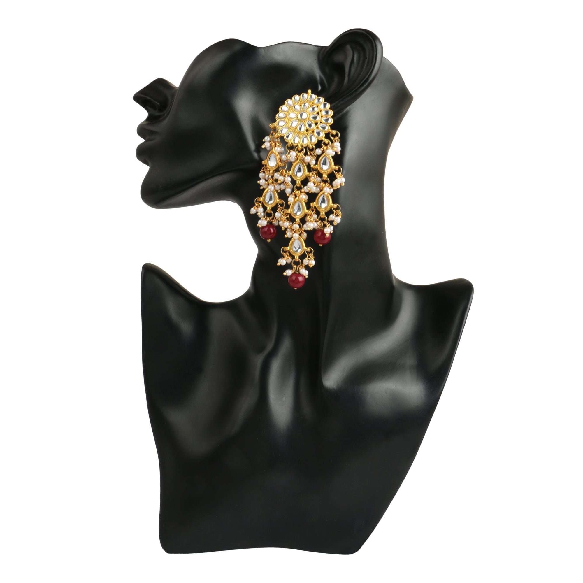 Gold Plated Red Beads Kundan Dangler Earrings with Maangtikka - view 3