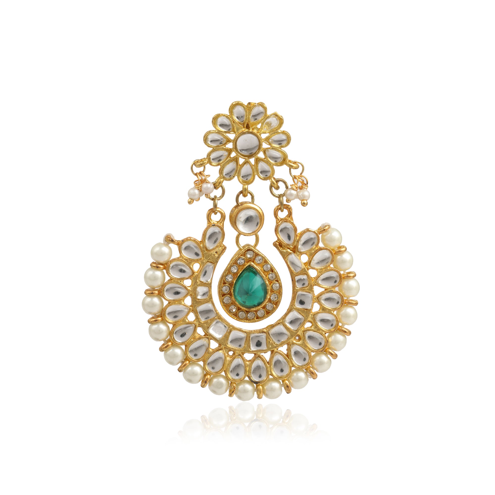 Kundan Green Stone Chandbali Earrings - view 4