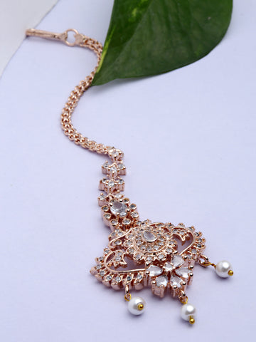 Rose Gold-Plated Cubic Zirconia Studded Maangtikka.