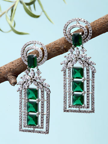 Karatcart Silver Tone Green AD Drop Earrings for Women