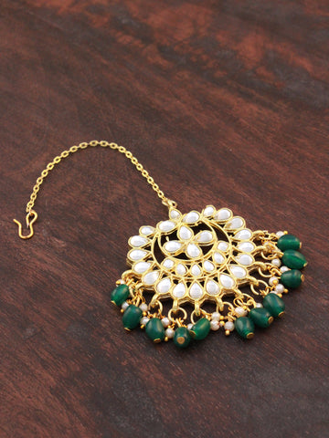 Traditional Gold Plated Green Beads Kundan Maangtikka for Women