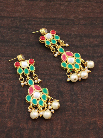 Gold Plated Pearl Beads Red and Green Kundan Dangler Earrings for Women