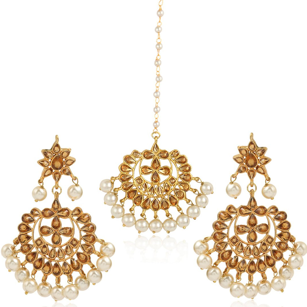 Golden Kundan Chandbali Earrings with Maangtikka - Image 1