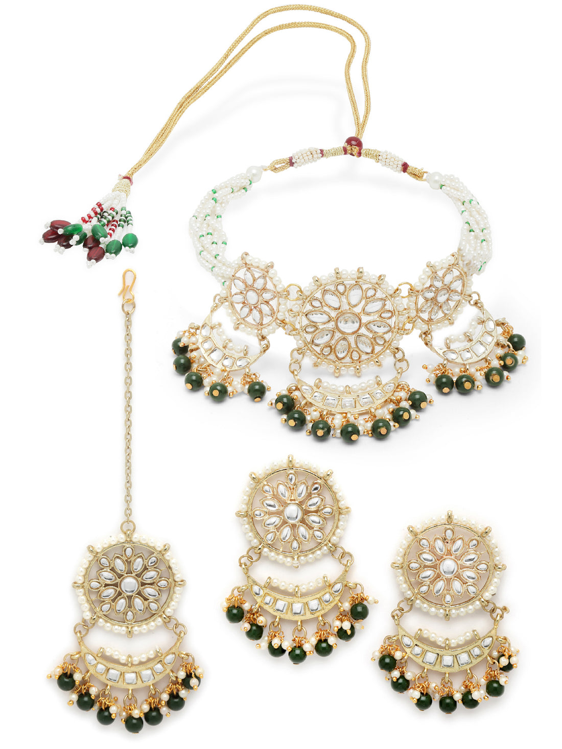 Karatcart Green Beads Studded Gold Plated Kundan Choker Necklace Set