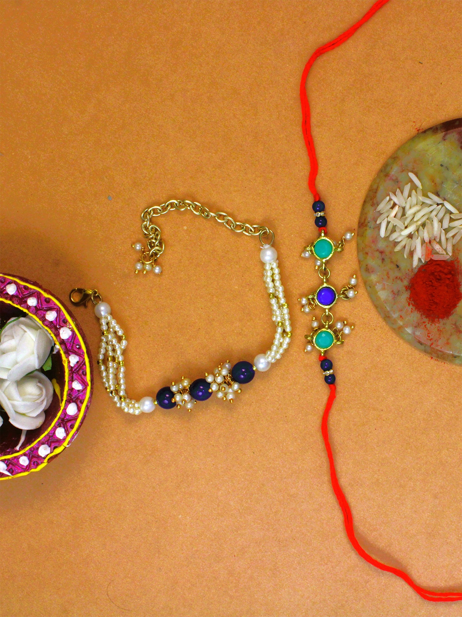 Set of 2 Gold Plated Handmade Kundan Bhaiya Bhabhi Rakhi Combo