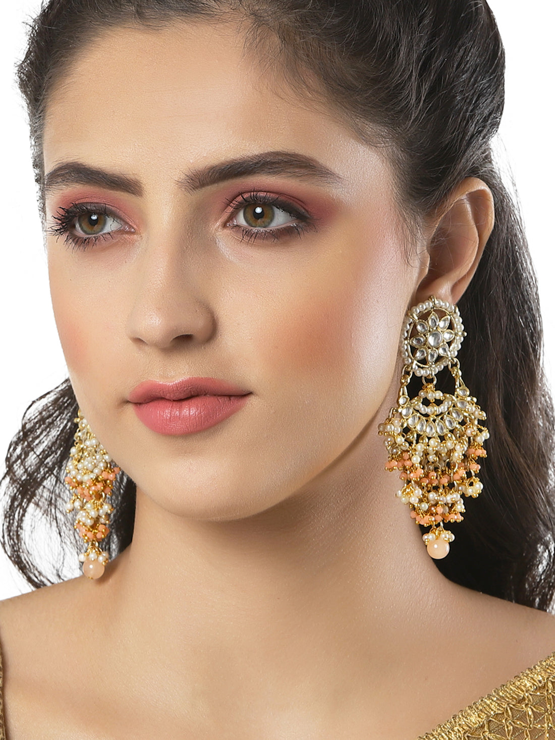 Peach Crystal and Pearl Kundan Dangler Earrings for Women