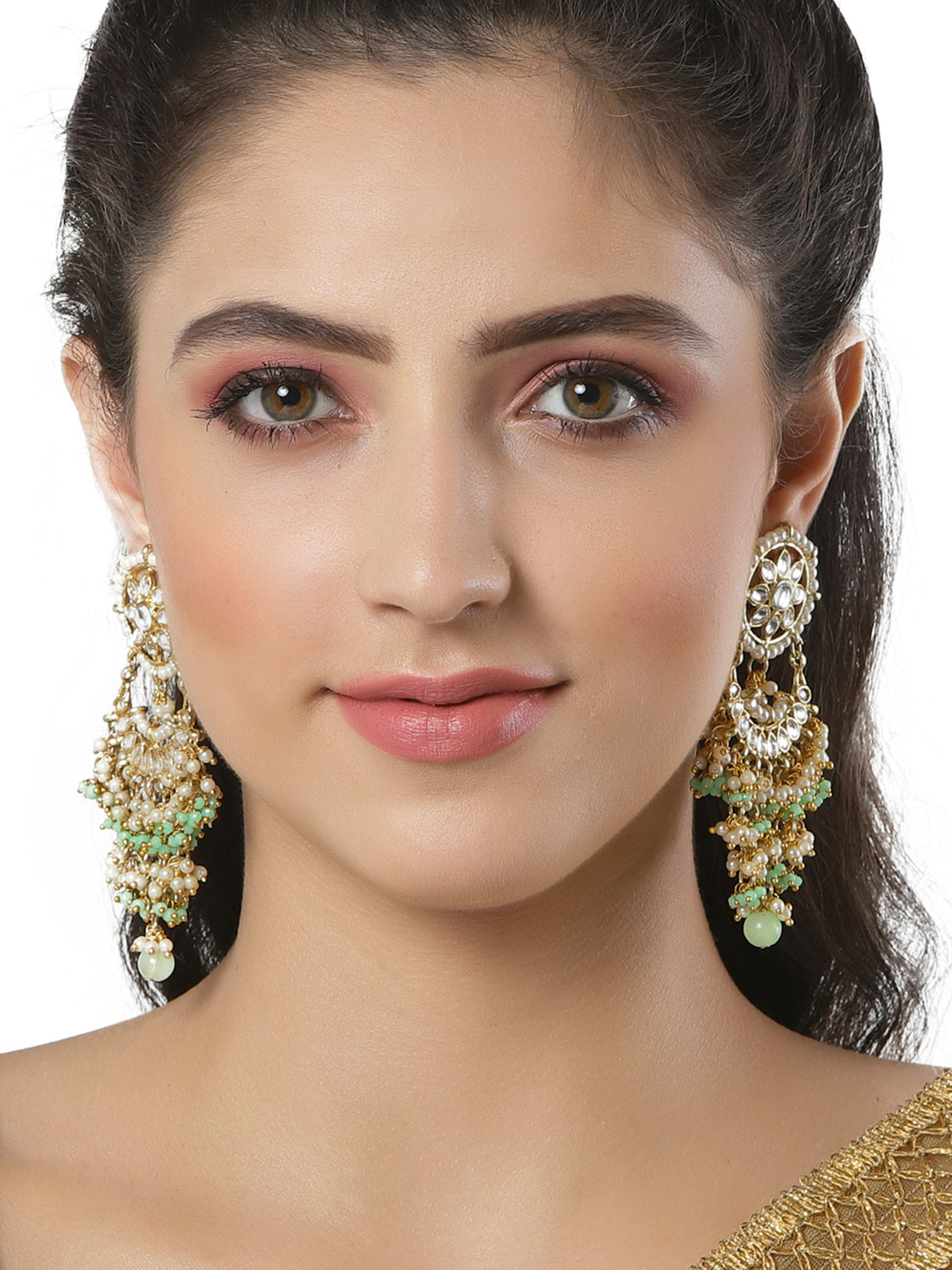 Light Green Crystal and Pearl Kundan Dangler Earrings for Women