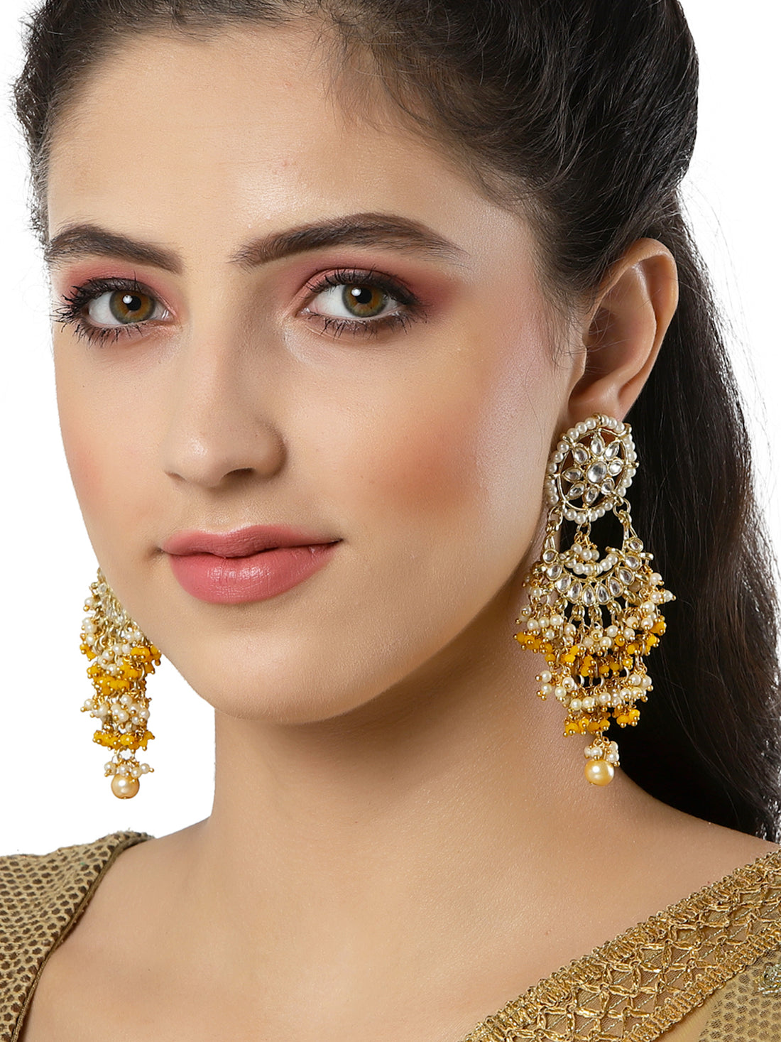 Yellow Crystal and Pearl Kundan Dangler Earrings for Women