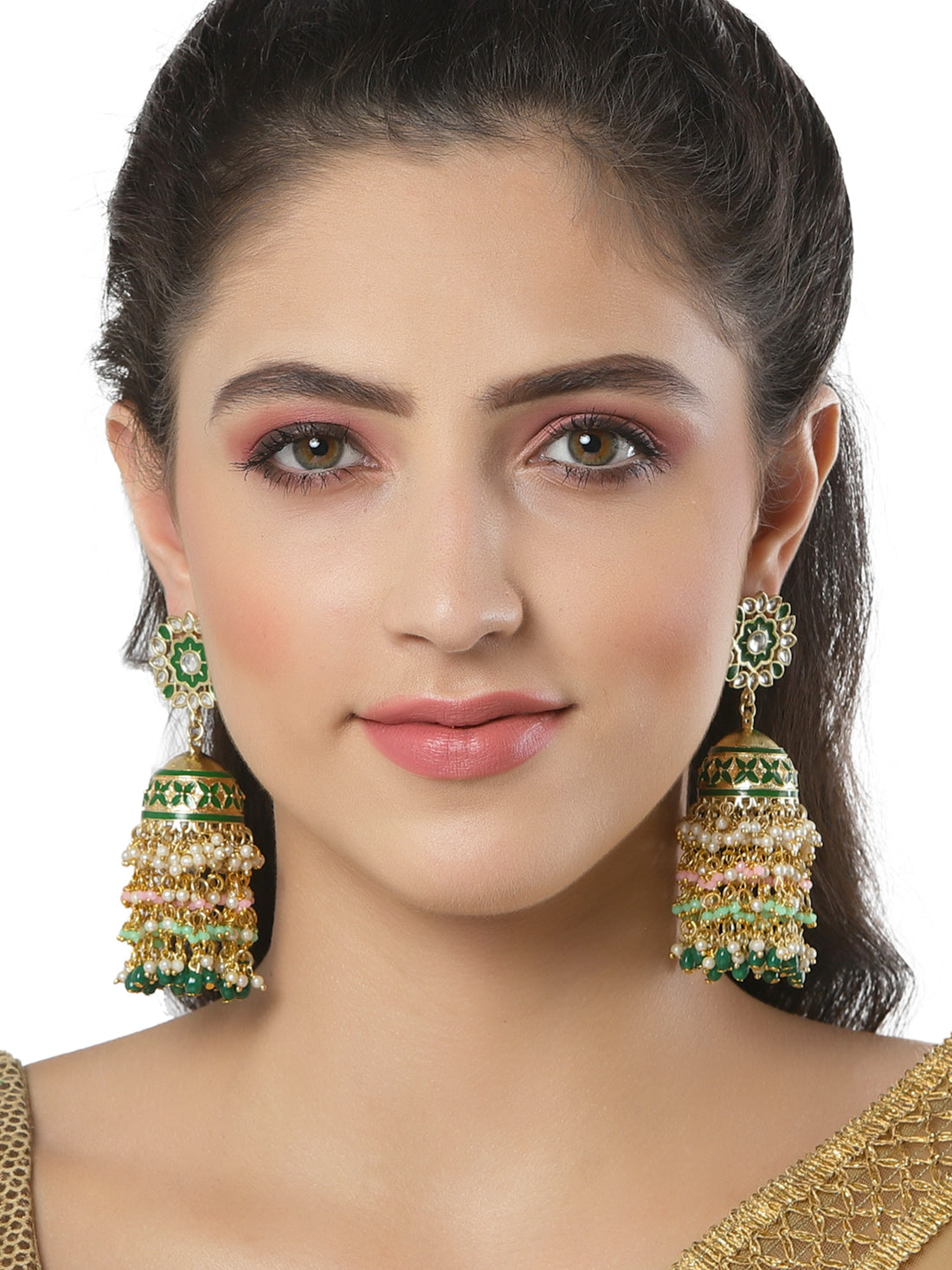 Karatcart Green Stone and Multicolor Crystals Jhumki Earrings for Women