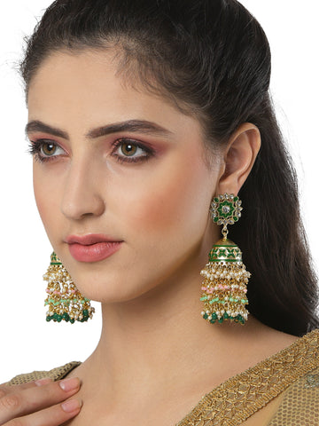 Karatcart Green Stone and Multicolor Crystals Jhumki Earrings for Women