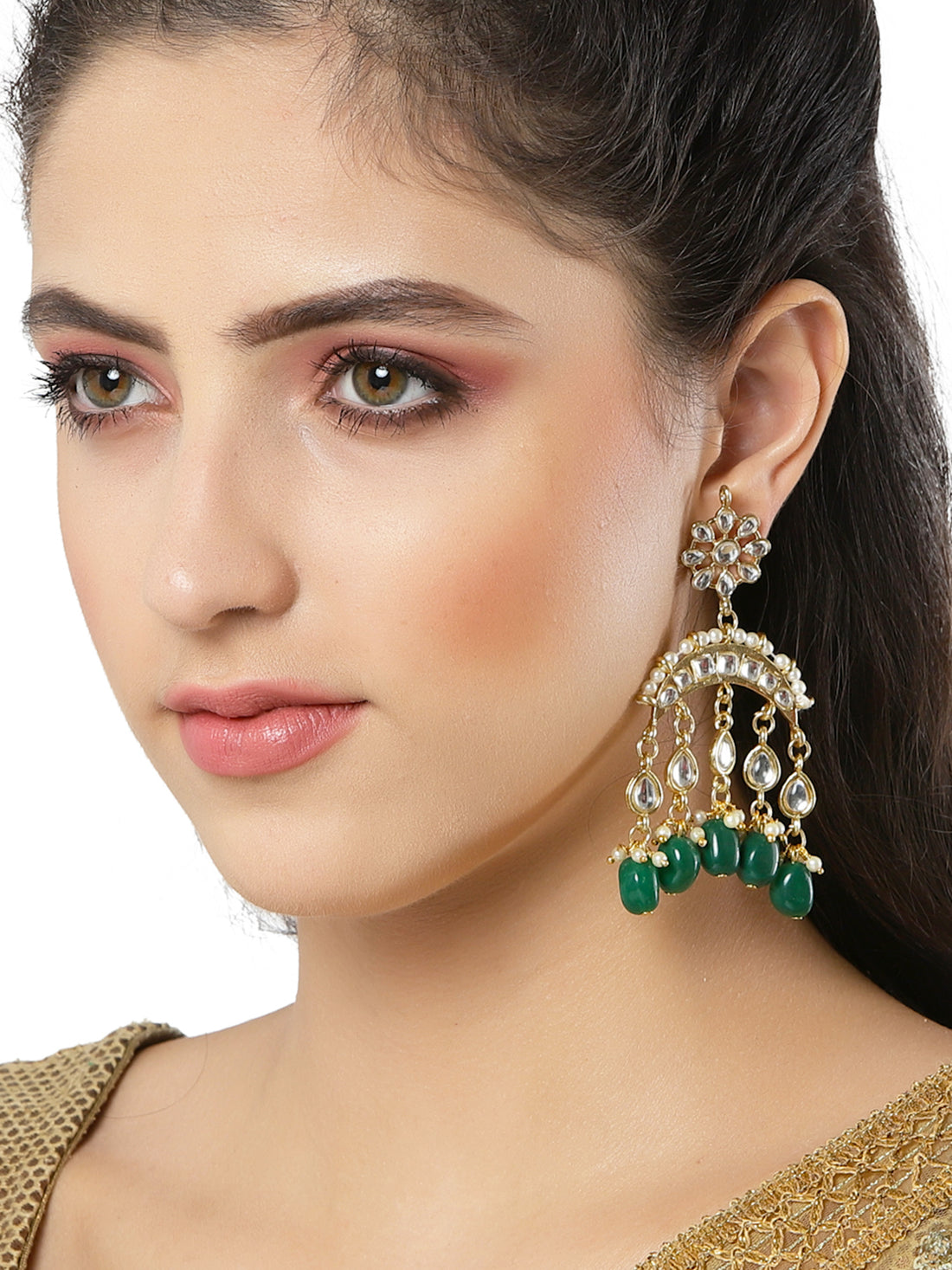 Green Tumble Kundan Dangler Earrings for Women