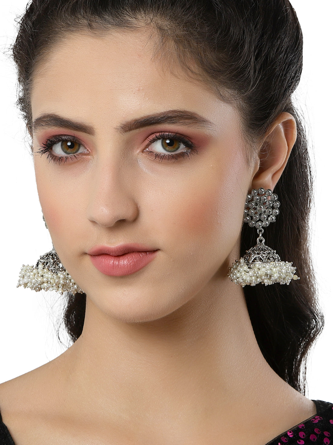 Oxidised Silver Pearl Studded Kudan Jhumki Earrings for Women