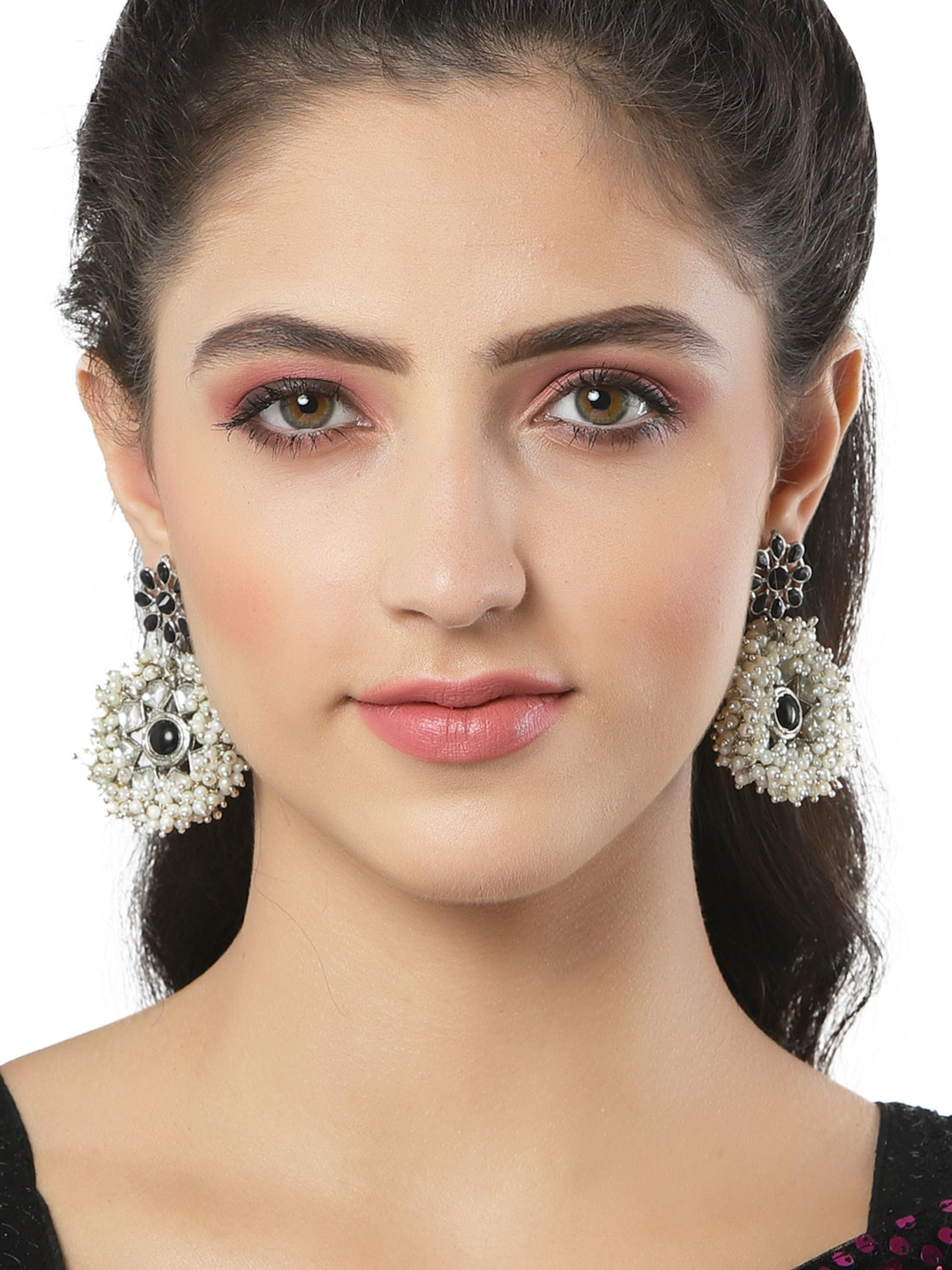 Oxidised Silver Black Kundan Pearl Dangler Earrings for Women