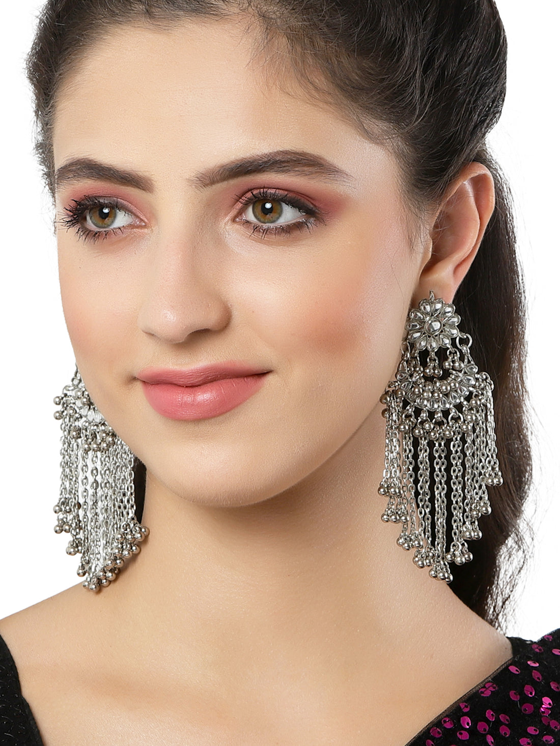 Oxidised Silver Kundan Tassel Earrings for Women