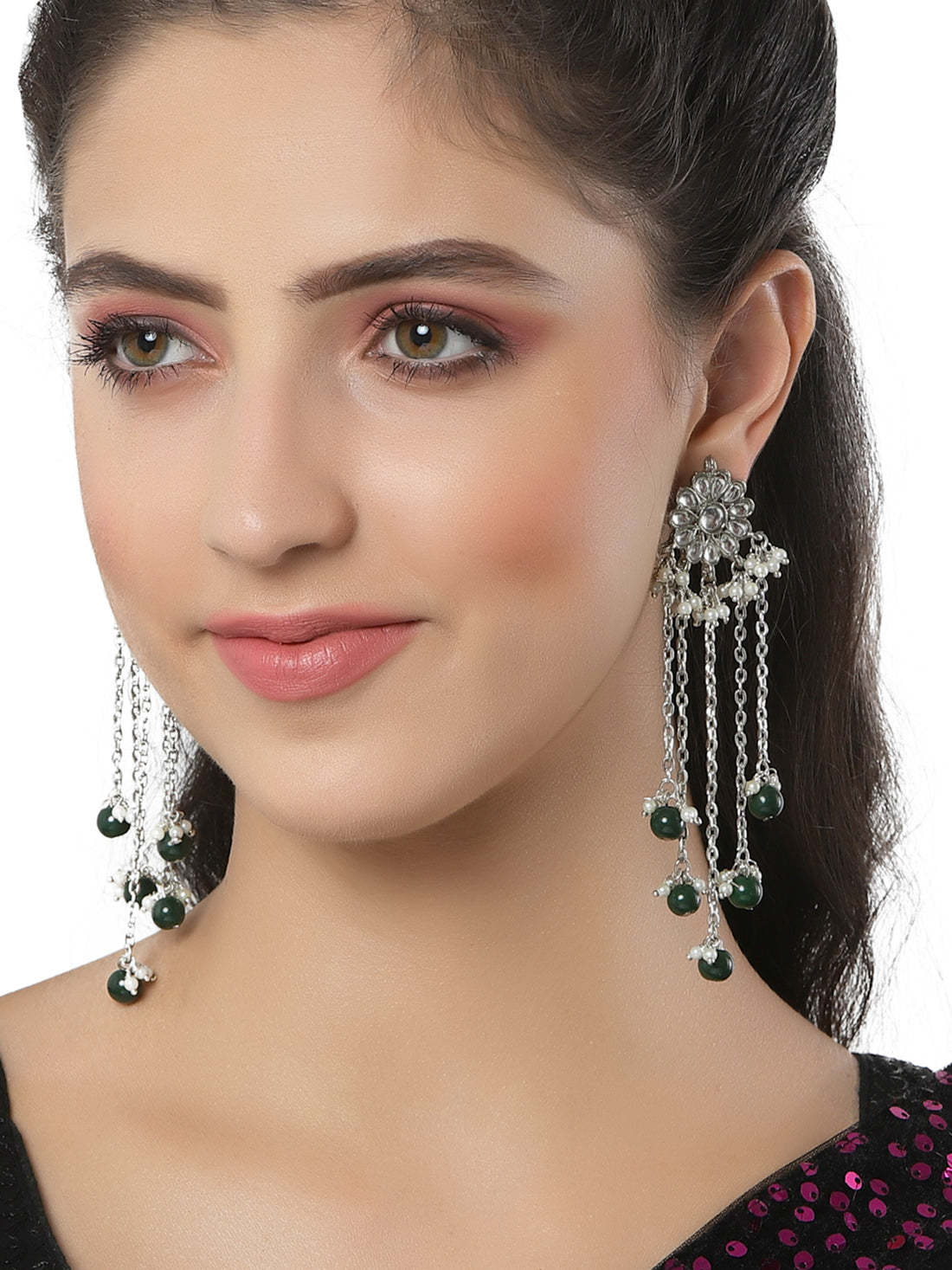 Green Beads Oxidised Silver Kundan Tessel Earrings for Women