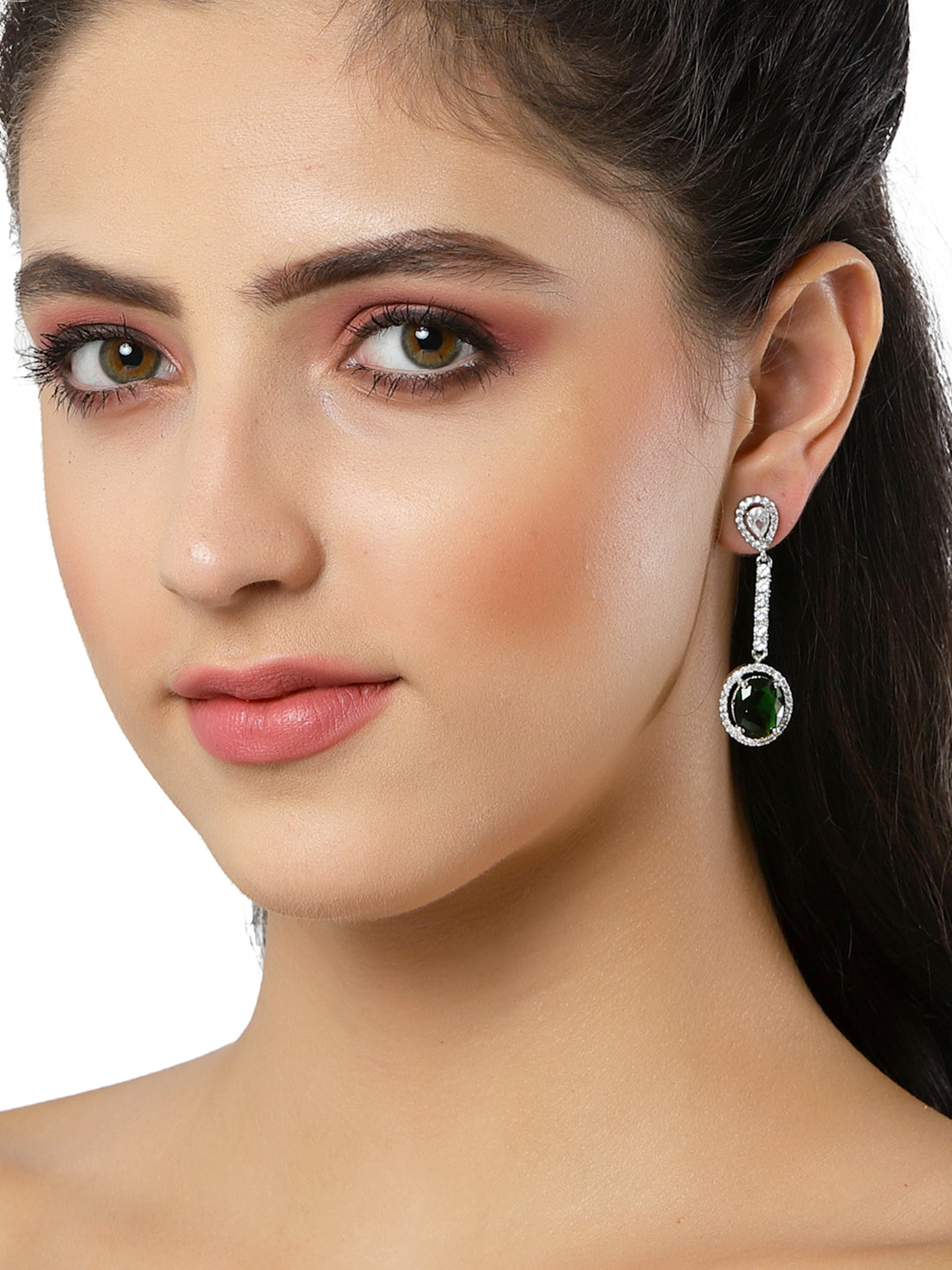 Silver Tone Green American Diamond Drop Earrings for Women