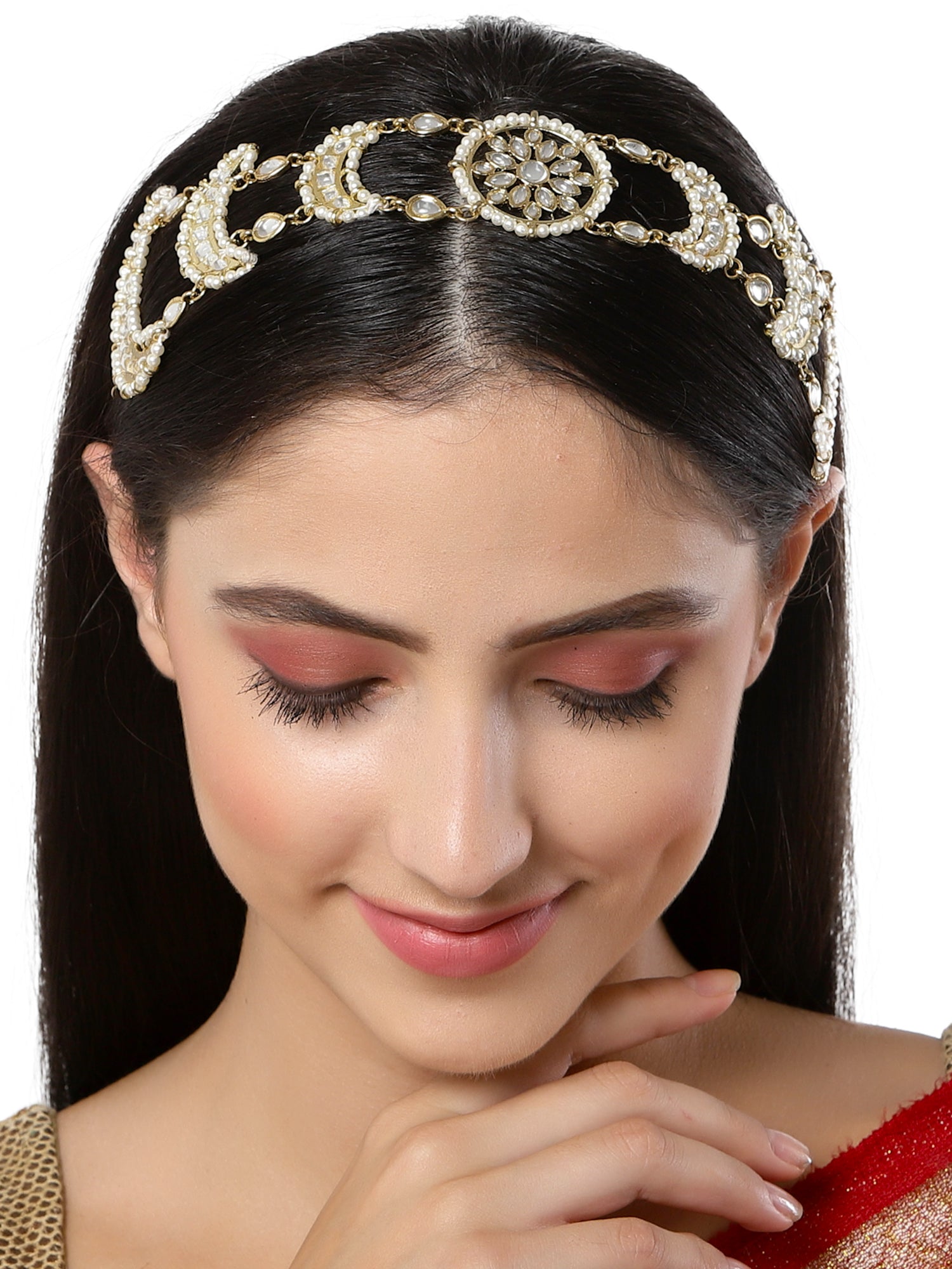 Karatcart Gold Plated Moon Shape Kundan Studded Handcrafted Hairband for Women