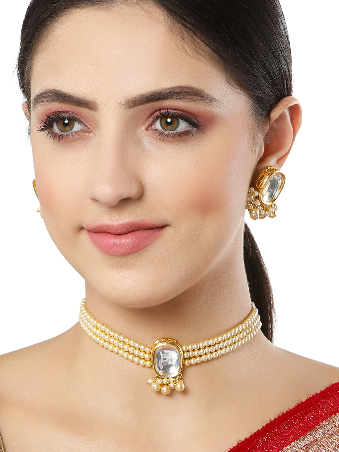 Karatcart Golden Pearl Beaded Polki Kndan Choker Necklace Set