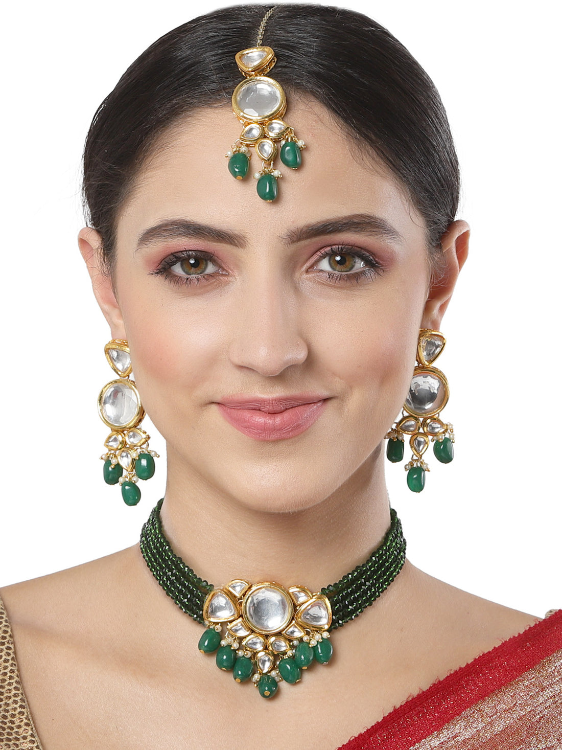 Karatcart Green Gold Plated Crystal and Polki Kundan Choker Necklace Set