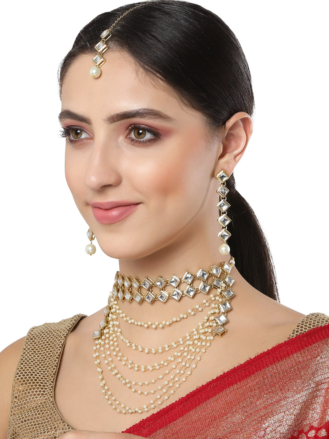 Karatcart Gold Plated Pearl Chain Kundan Necklace Set