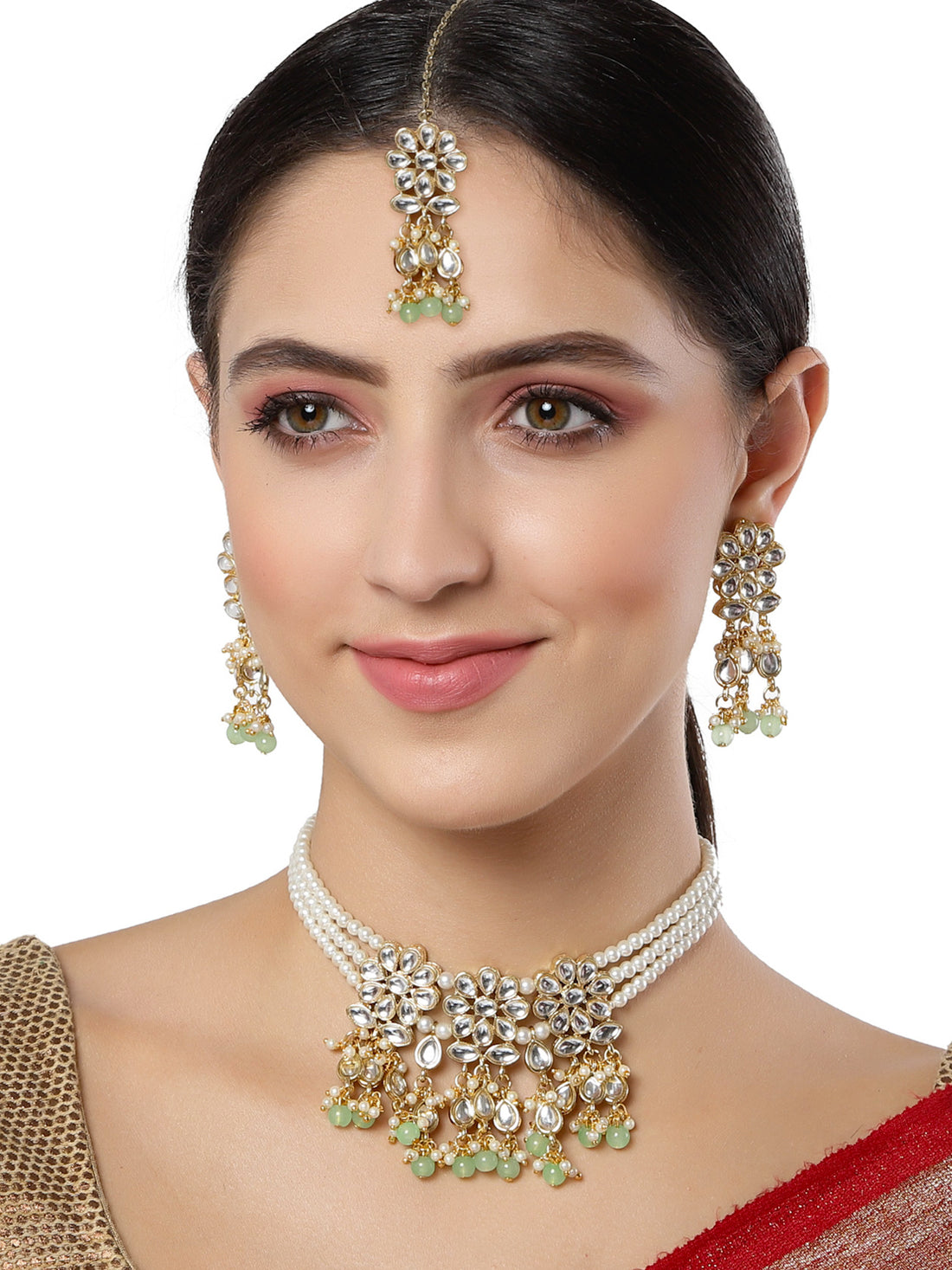 Karatcart Gold Plaed Light Green Beads Studded Floral Kundan Choker Neckalce Set