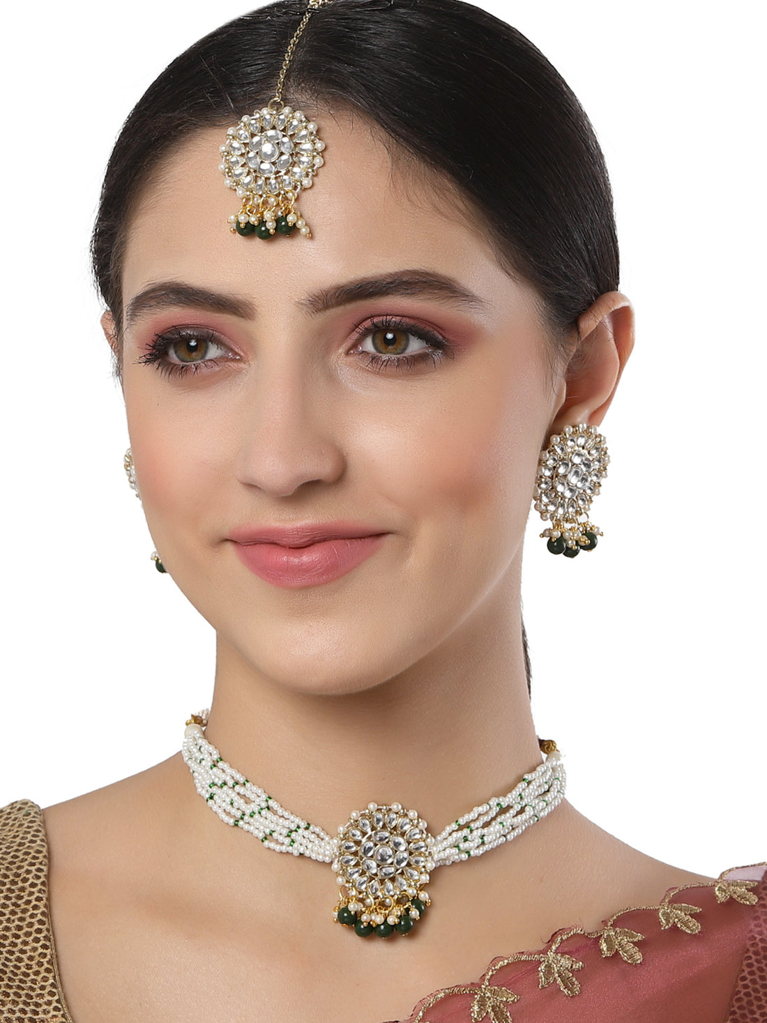 Karatcart Green Beads Gold Plated Kundan Choker Necklace Set