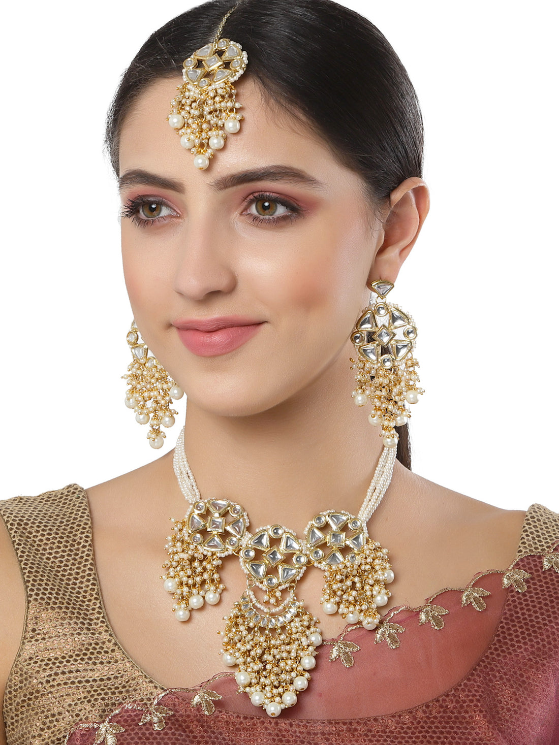 Karatcart Gold Plated Pearl Studded Floral Kundan Choker Neckalce Set