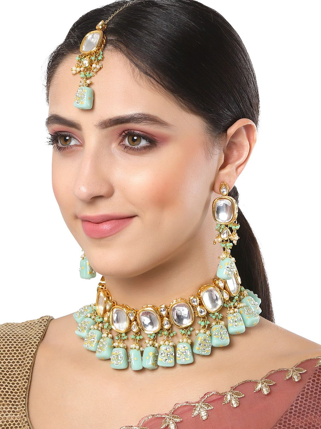 Karatcart Mint Green Designer Tumble Sqare Polki Kundan Necklace Set