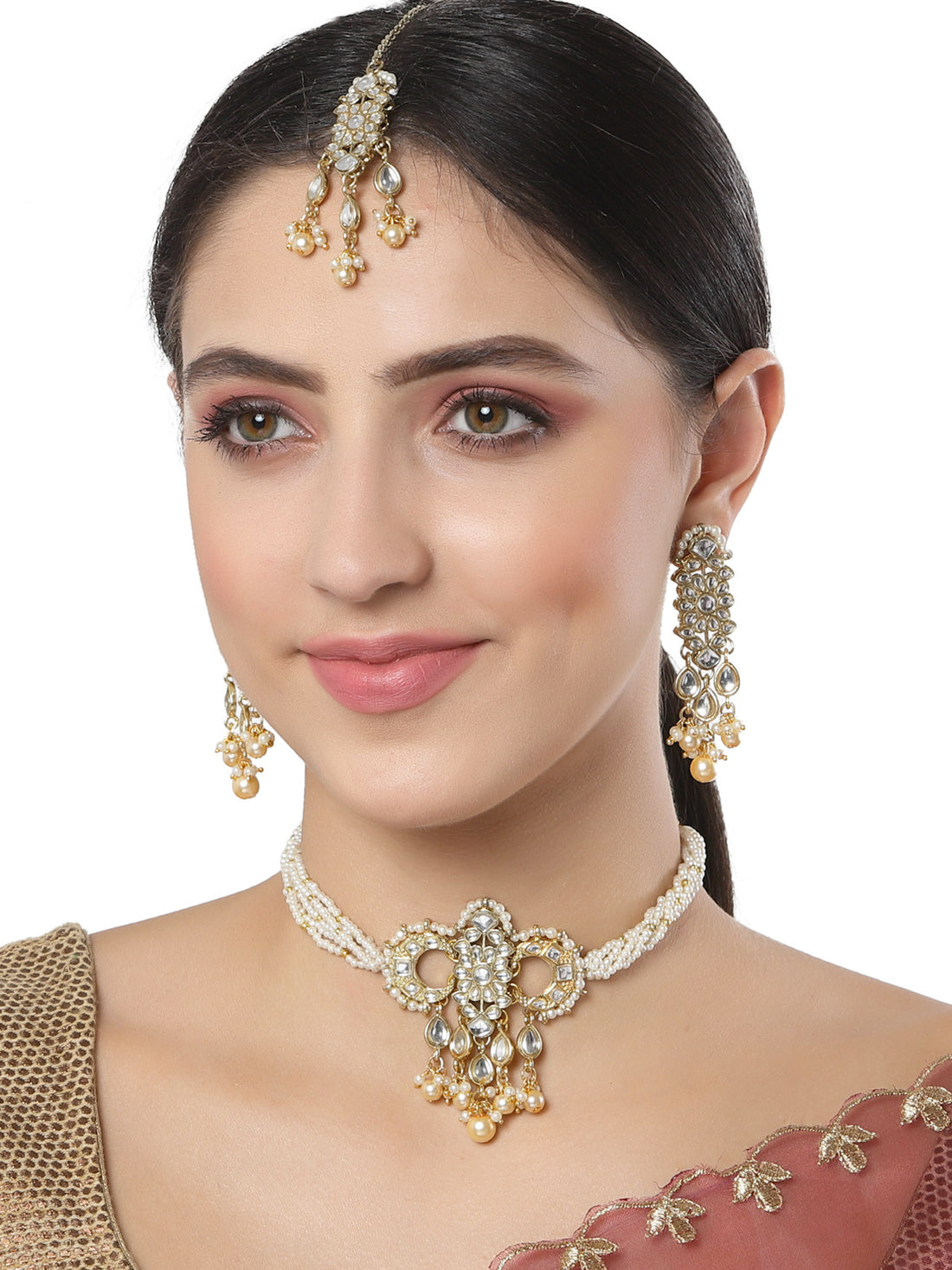 Karatcart Gold Plated Handcrafted Golden Pearl and Kundan Choker Necklace Set