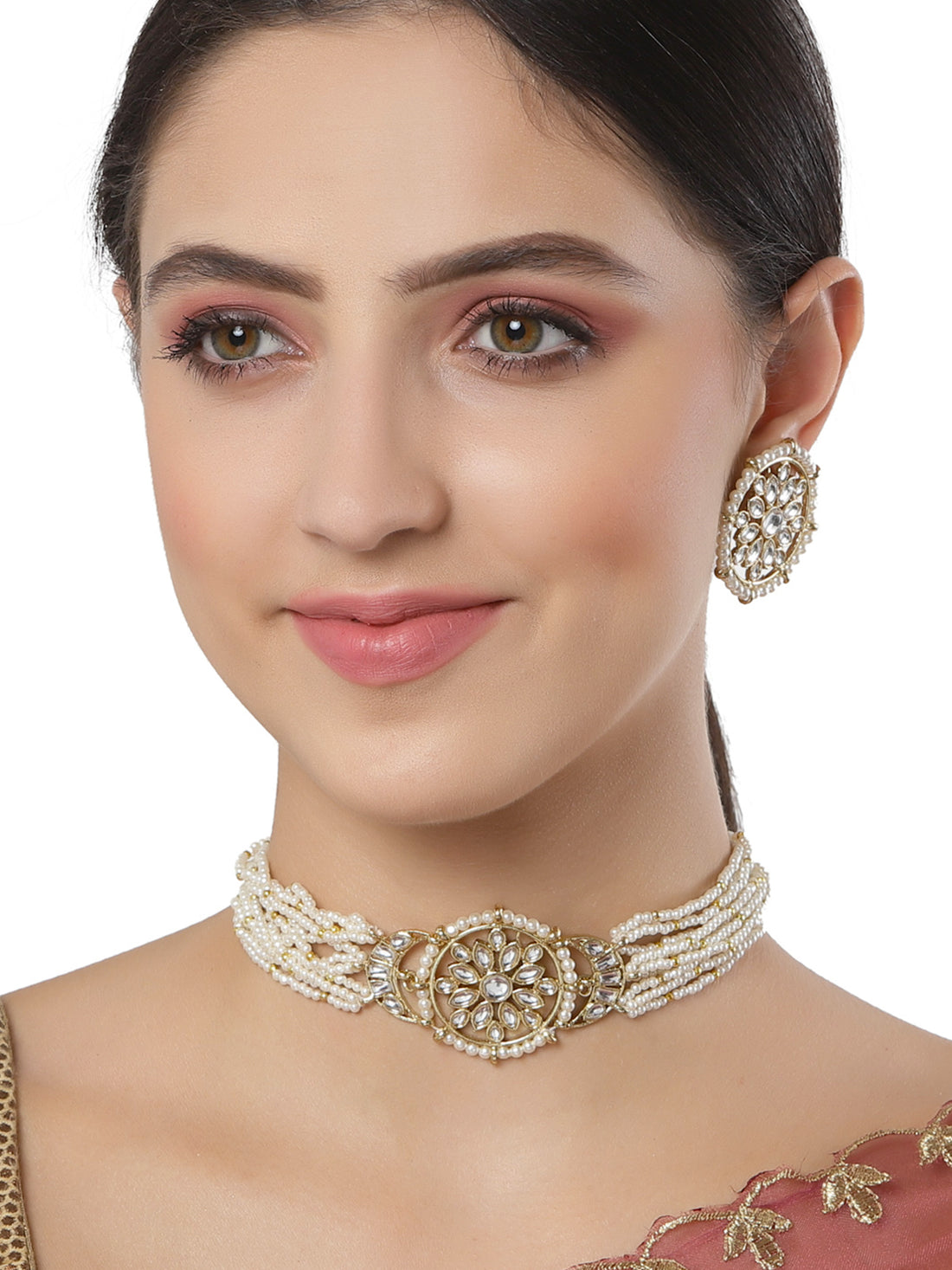 Karatcart Gold Plated Floral Kundan White Pearl Choker Necklace Set