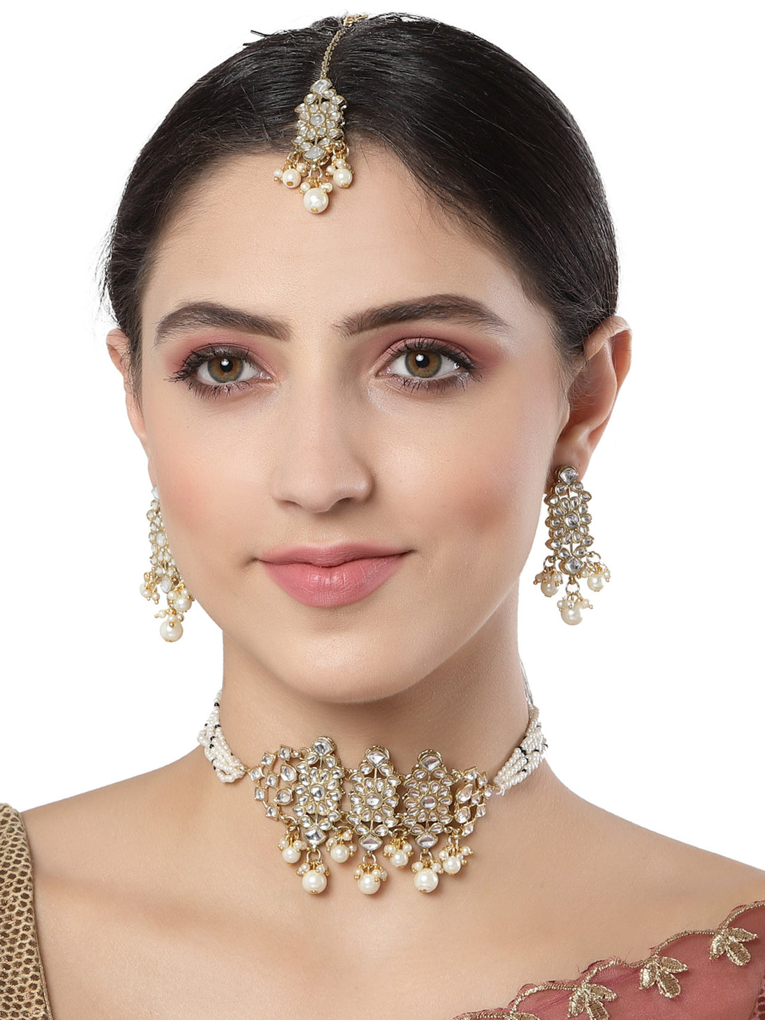 Karatcart Gold Plated Pearl Studded Floral Kundan Choker Neckalce Set