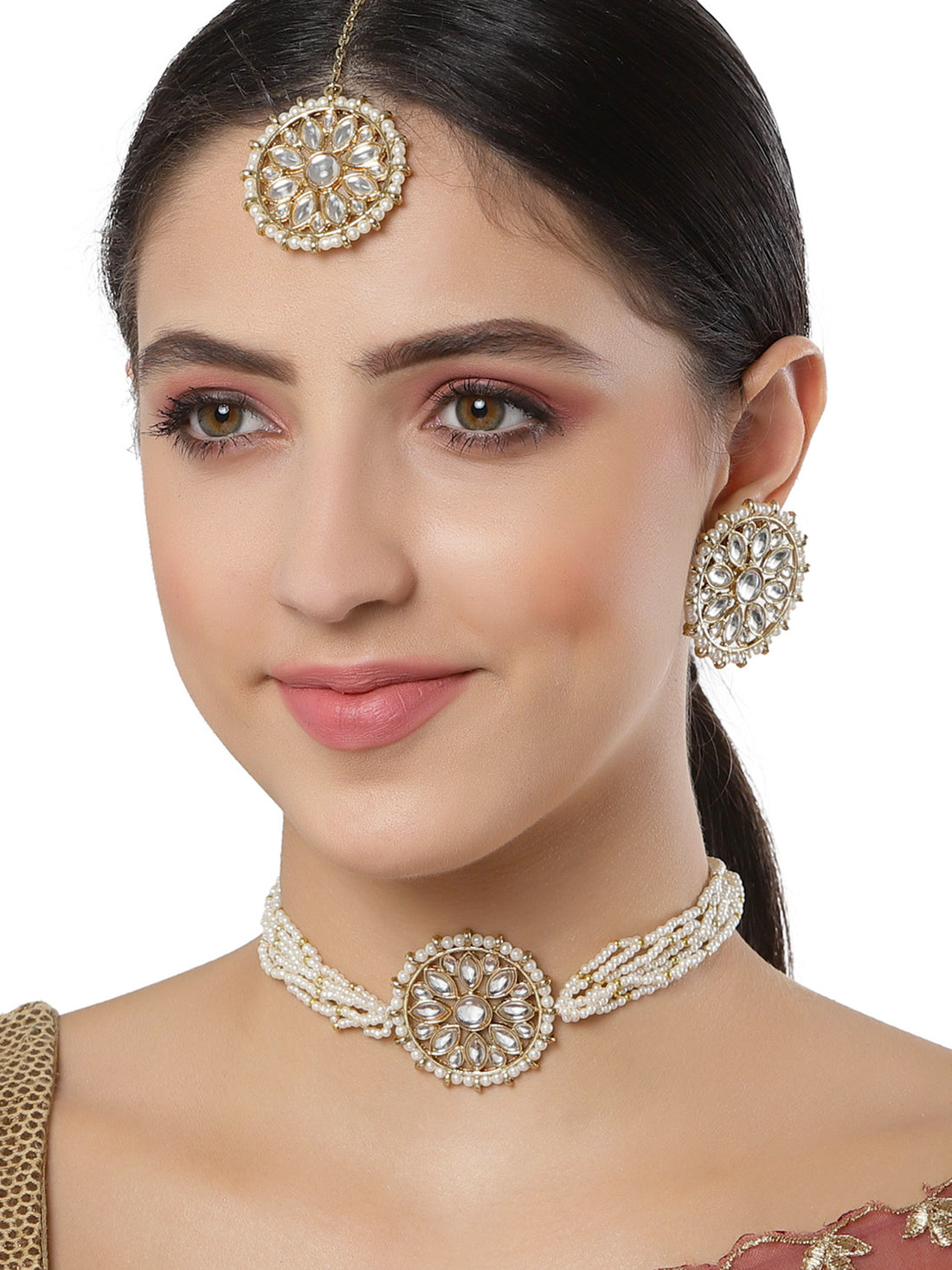 Karatcart Pearl Beaded Gold Plated Kundan Choker Necklace Set