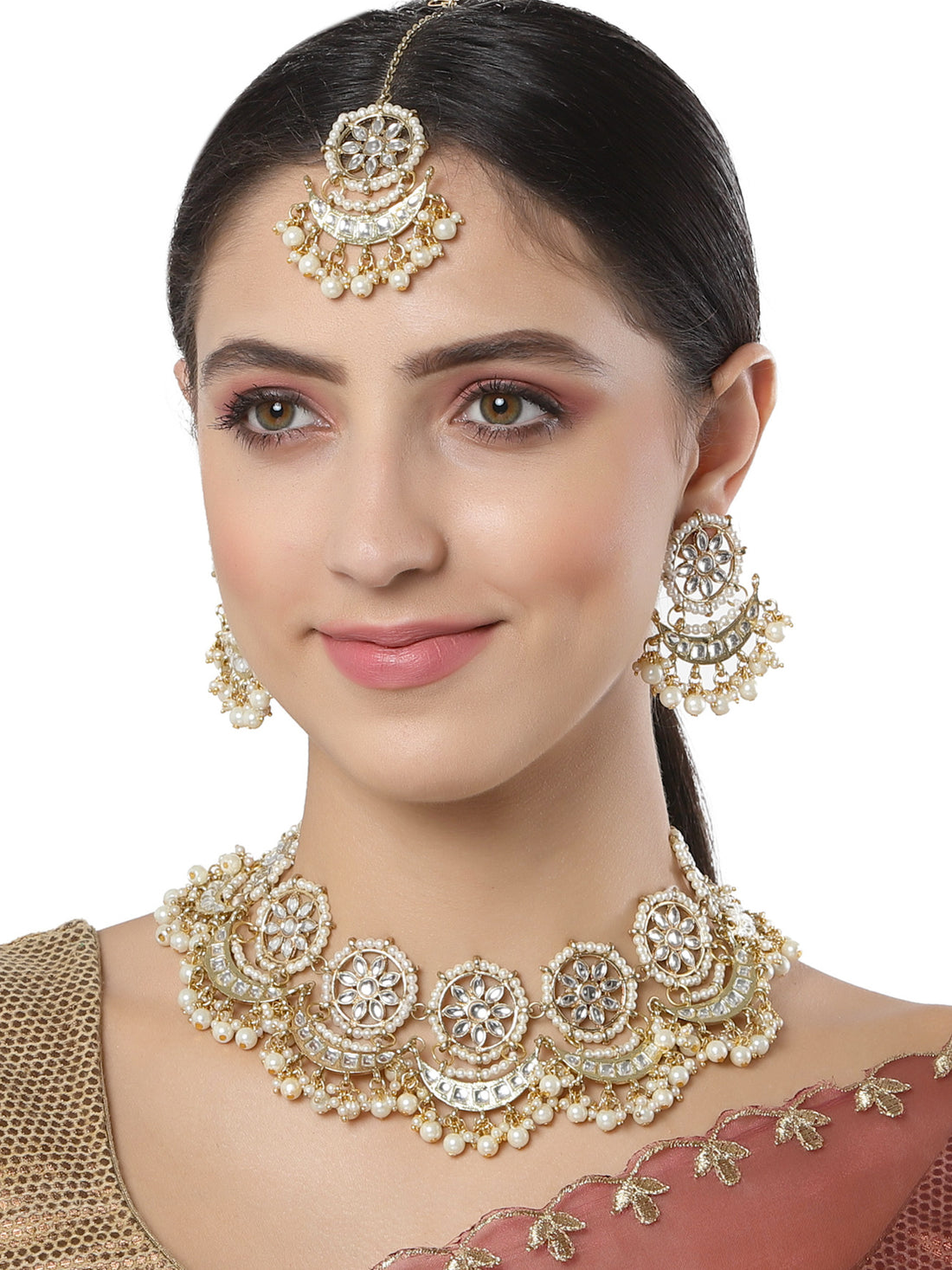 Karatcart Gold Plated white Plearl Chand Shape Kundan Necklace Set