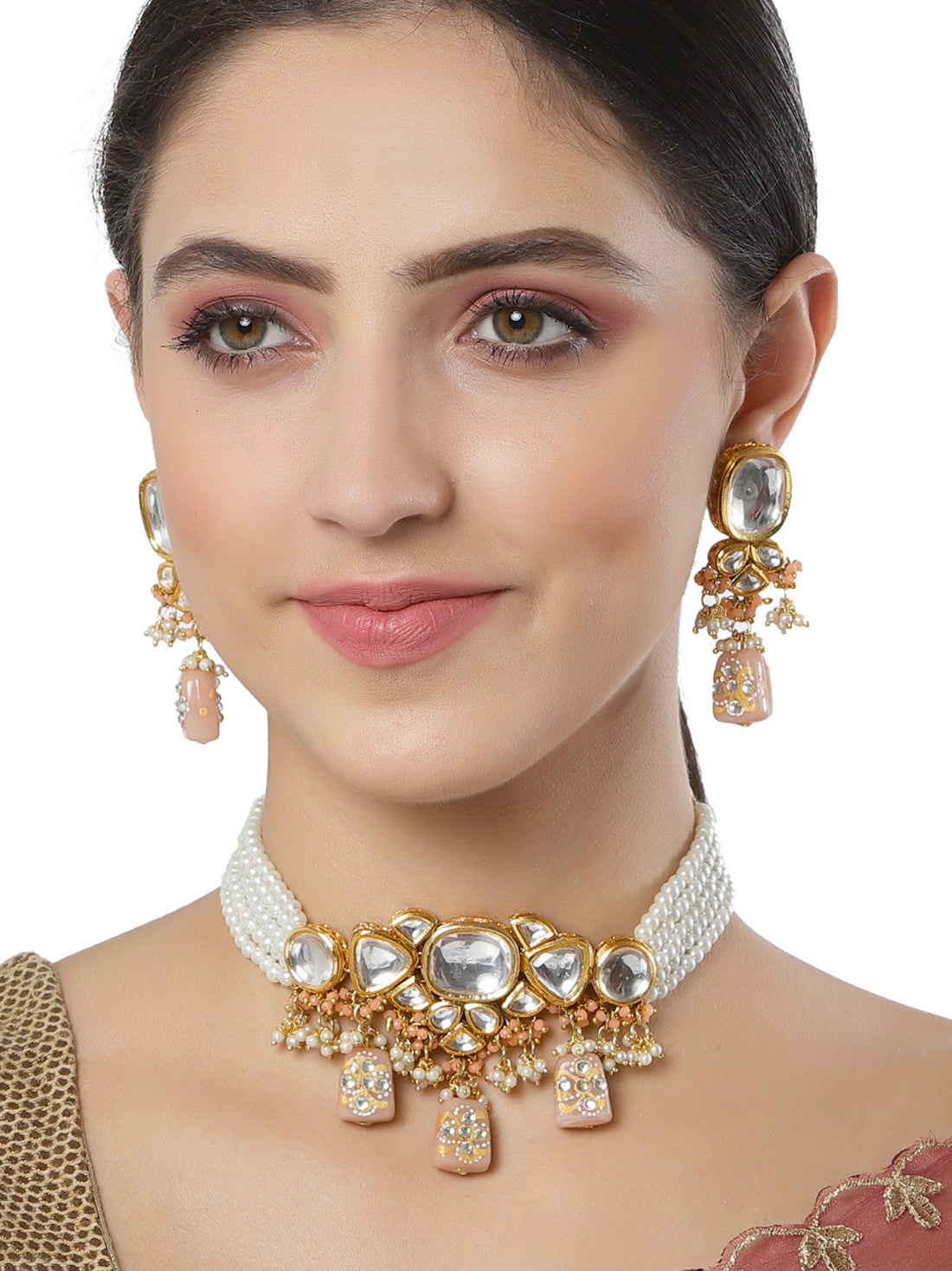 Karatcart Peach Designer Tumble Polki Kundan Necklace Set