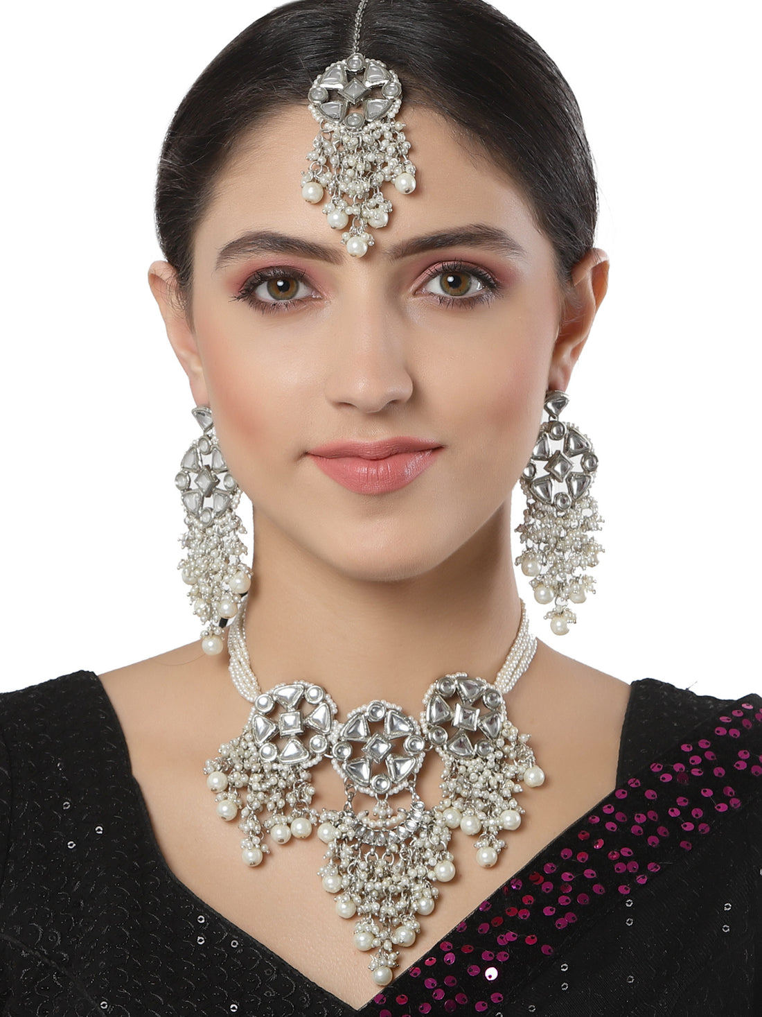 Karatcart Oxidised Silver Pearl Studded Floral Kundan Choker Neckalce Set