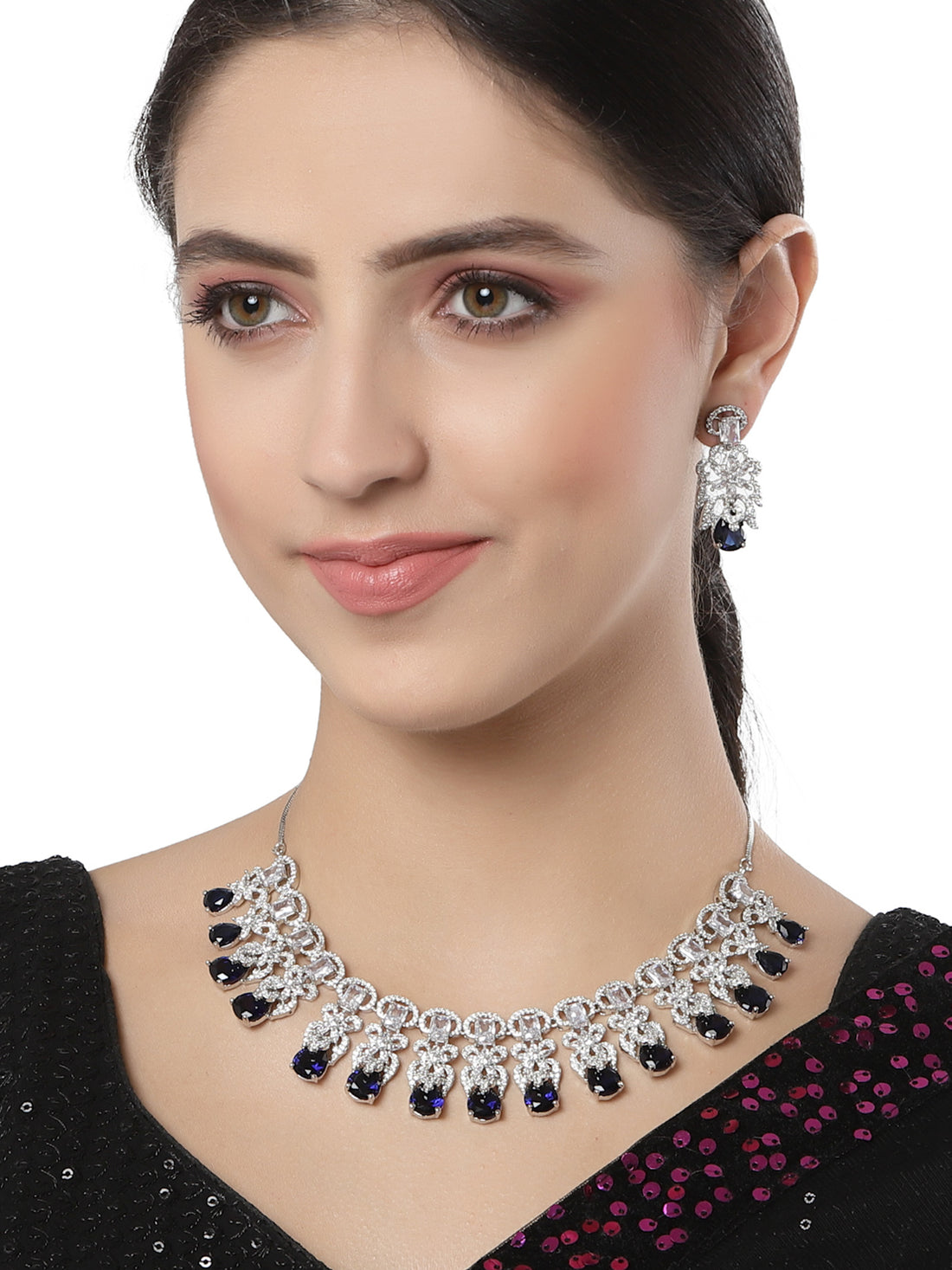 Karatcart Silver Tone Blue  American Diamond Necklace Set