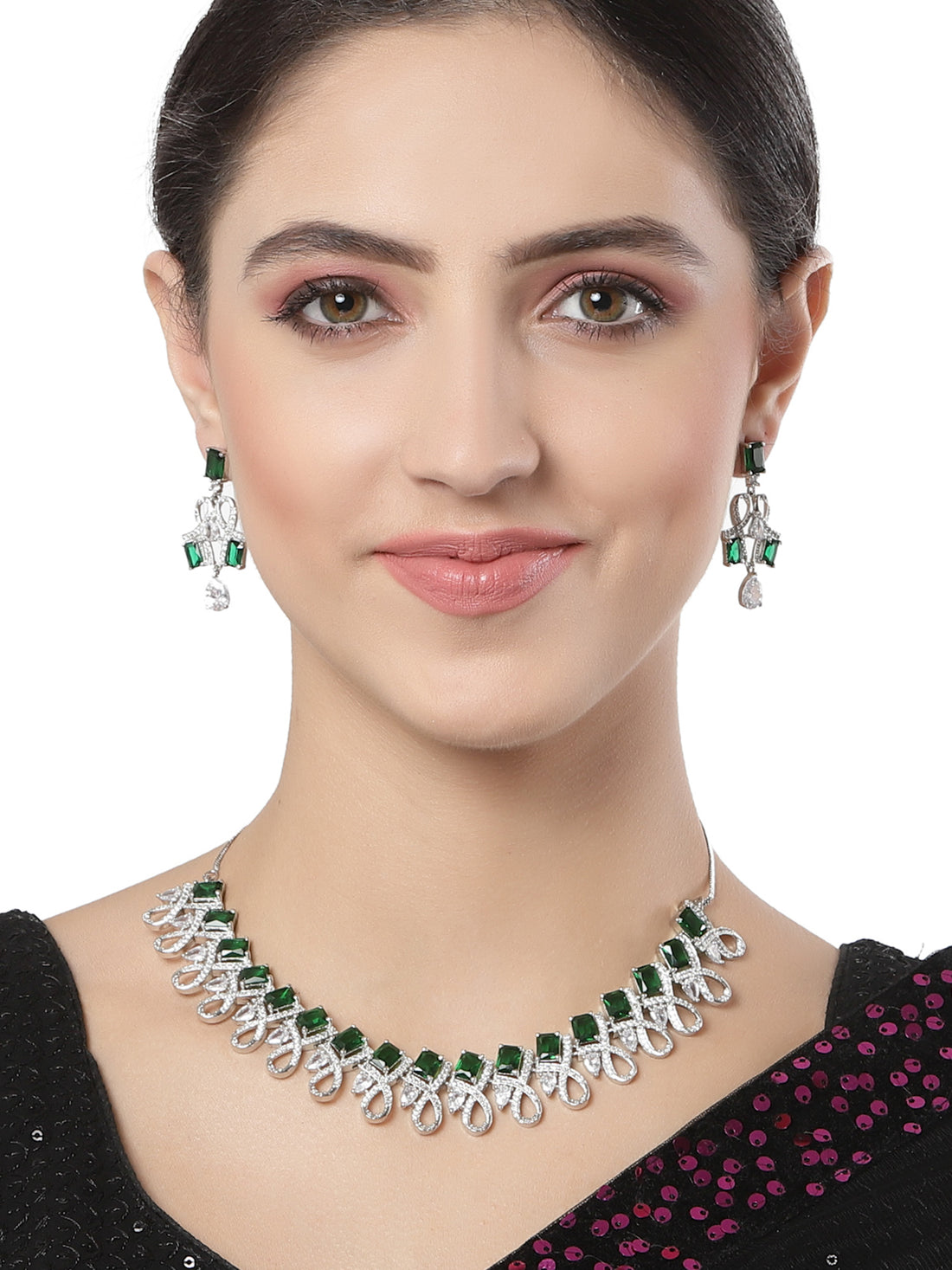 Karatcart Silver Tone Green American Diamond Necklace Set