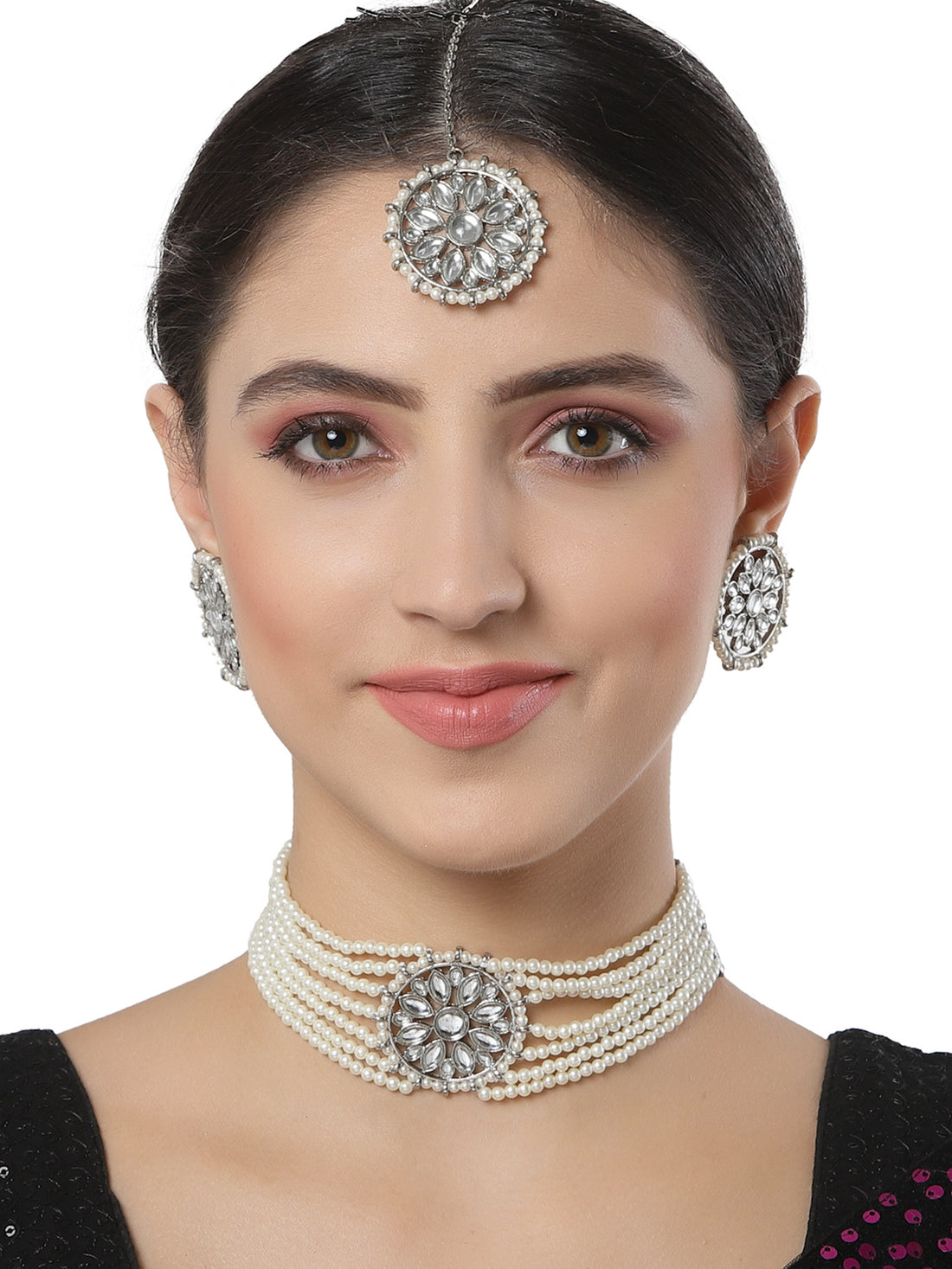 Karatcart Pearl Beaded Oxidised Silver Kundan Choker Necklace Set