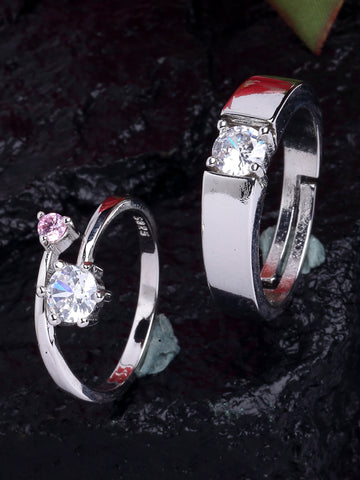 Platinum Plated Elegant Couple Adjustable Ring with Pink Stone