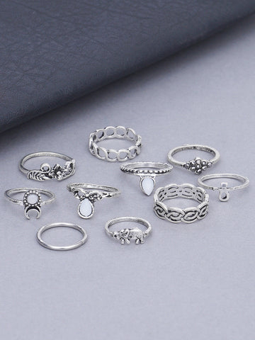 Set of 10 Oxidised Silver Midi Ring for Women