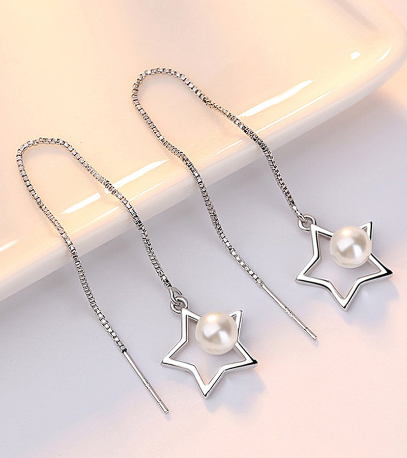 Platinum Plated White Pearl Star Shaped Drop Earrings