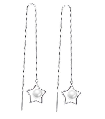 Platinum Plated White Pearl Star Shaped Drop Earrings