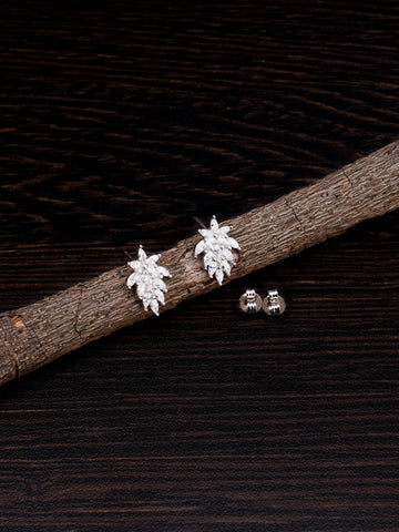 Silver Toned Leaf Shaped Cubic Zirconia Studded Stud Earrings