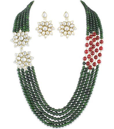 Green beads and red onyx pigtail Kundan Traditional Necklace set by Karatcart