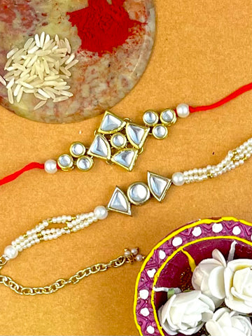 Karatcart Rakhi for Brother and Bhabhi Set of 2 Gold Plated Handmade Kundan Bhiya Bhabhi Rakhi Combo with Roli & Chawal(KCRR0015644)