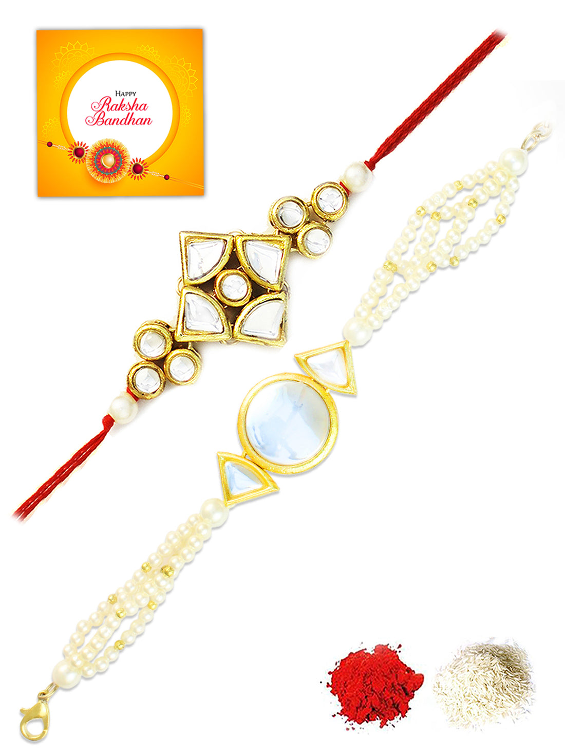 Karatcart Rakhi for Brother and Bhabhi Set of 2 Gold Plated Handmade Kundan Bhiya Bhabhi Rakhi Combo with Roli & Chawal(KCRR0015644)